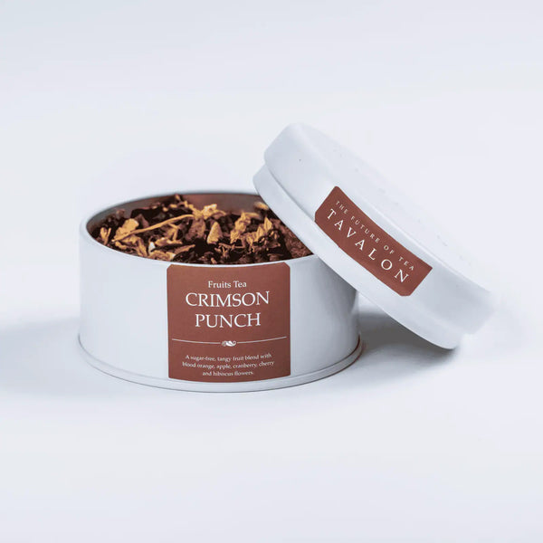 Crimson Punch fruity loose leaf tea in an open tin