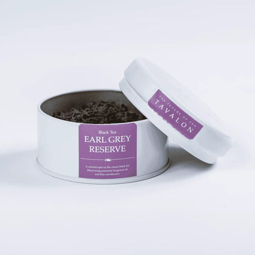 Earl Grey Reserve black loose leaf tea in an open tin