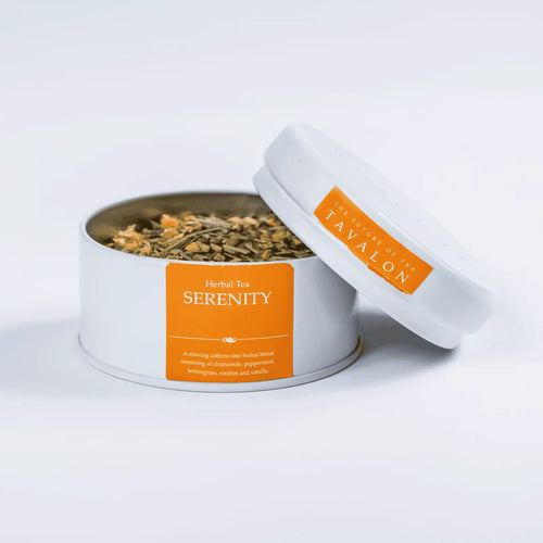 Serenity herbal loose leaf tea in an open tin