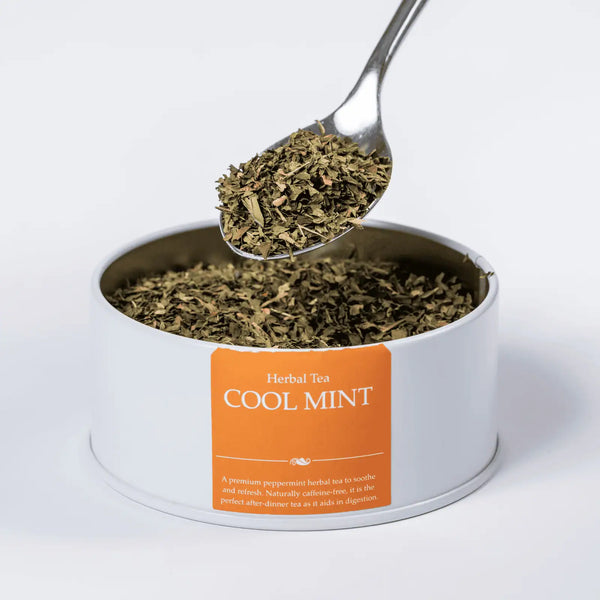 Cool Mint herbal loose leaf tea with a teaspoon
