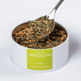 Genmaicha green loose leaf tea with a teaspoon
