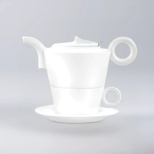 A Tavalon Rondi for One set from teaware sets by Tavalon, including a white porcelain teapot, teacup, and saucer.