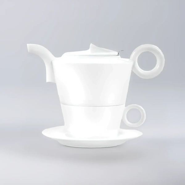 A Tavalon Rondi for One set from teaware sets by Tavalon, including a white porcelain teapot, teacup, and saucer.