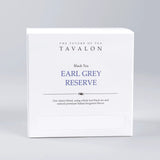 Tavalon Earl Grey Reserve black tea packaging on a gray background
