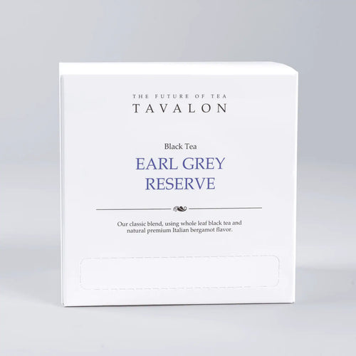 Tavalon Earl Grey Reserve black tea packaging on a gray background