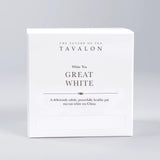 Tavalon White Tea 'Great White' packaging on a gray background