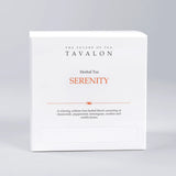 Tavalon Serenity herbal tea packaging on a gray background