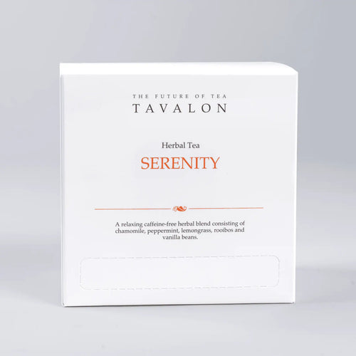 Tavalon Serenity herbal tea packaging on a gray background